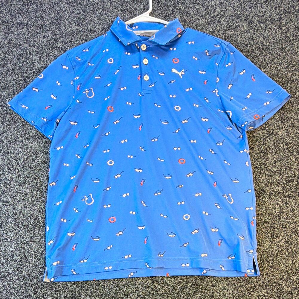 PUMA Golf Men's L Blue Graphic Print Short Sleeve Collared Polo Shirt